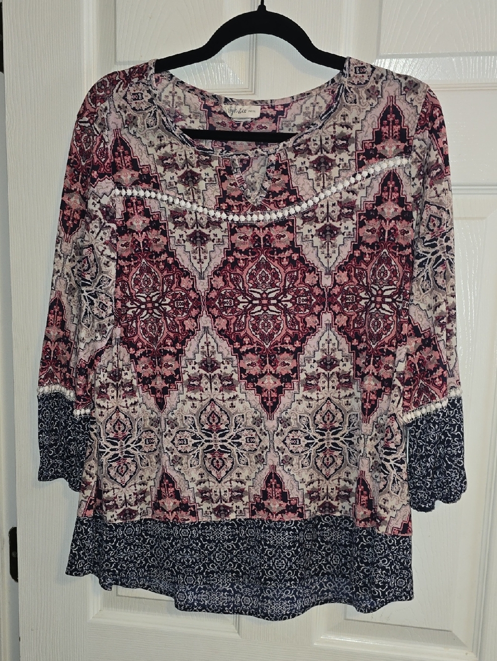 Style & Co. Burgundy and Navy Patterned Scoop Neck‎ Tunic